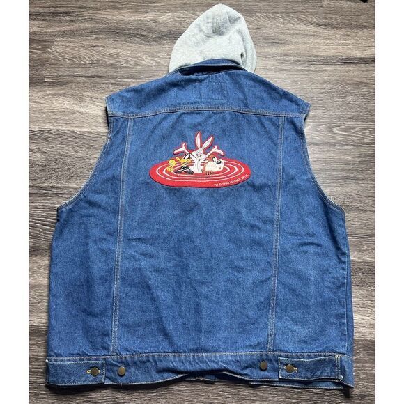 Other - Vintage Looney Tunes Denim Vest Mens XL Button Hoodie‎ Eagles Ridge 1994